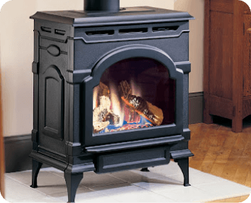 Modern gas stove with a glass door showcasing a vibrant ﬂame, designed for convenient heating in Stateline, CA