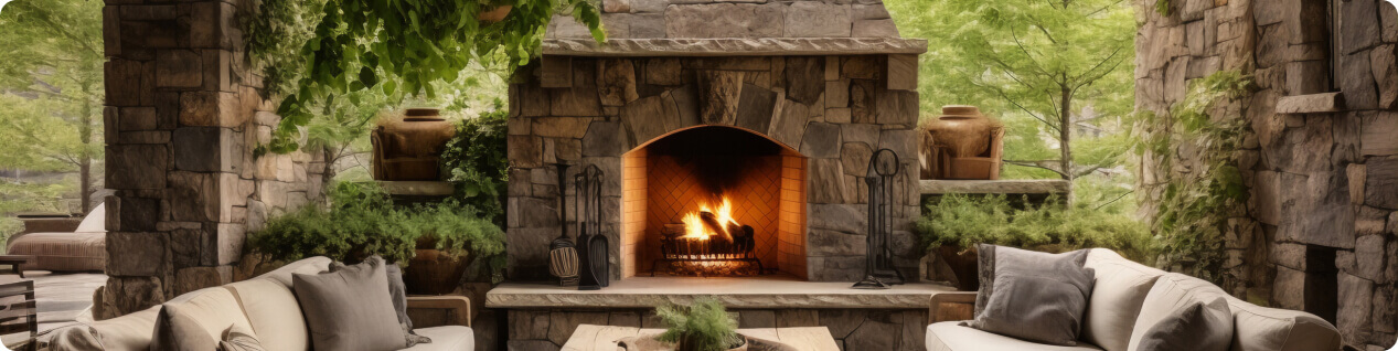 Outdoor seating area with a stone ﬁreplace, highlighting chimney sweep services offered by Tahoe Chimney & Fireplace in Stateline, CA